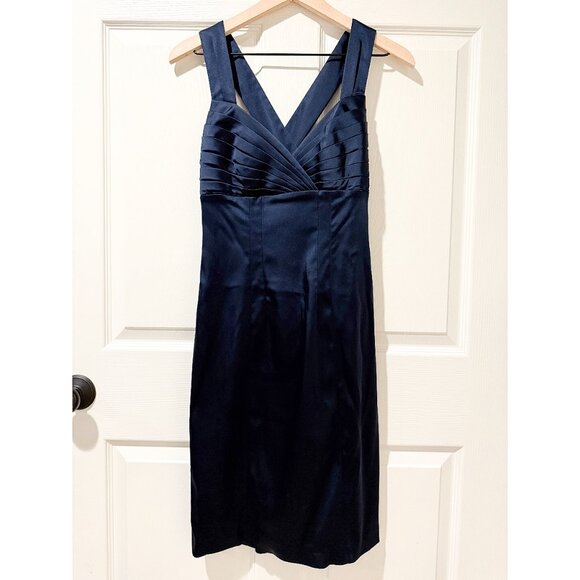Calvin Klein Navy Blue Satin Scalloped Sweetheart Cross Strap Cocktail Dress 4 - Picture 1 of 11